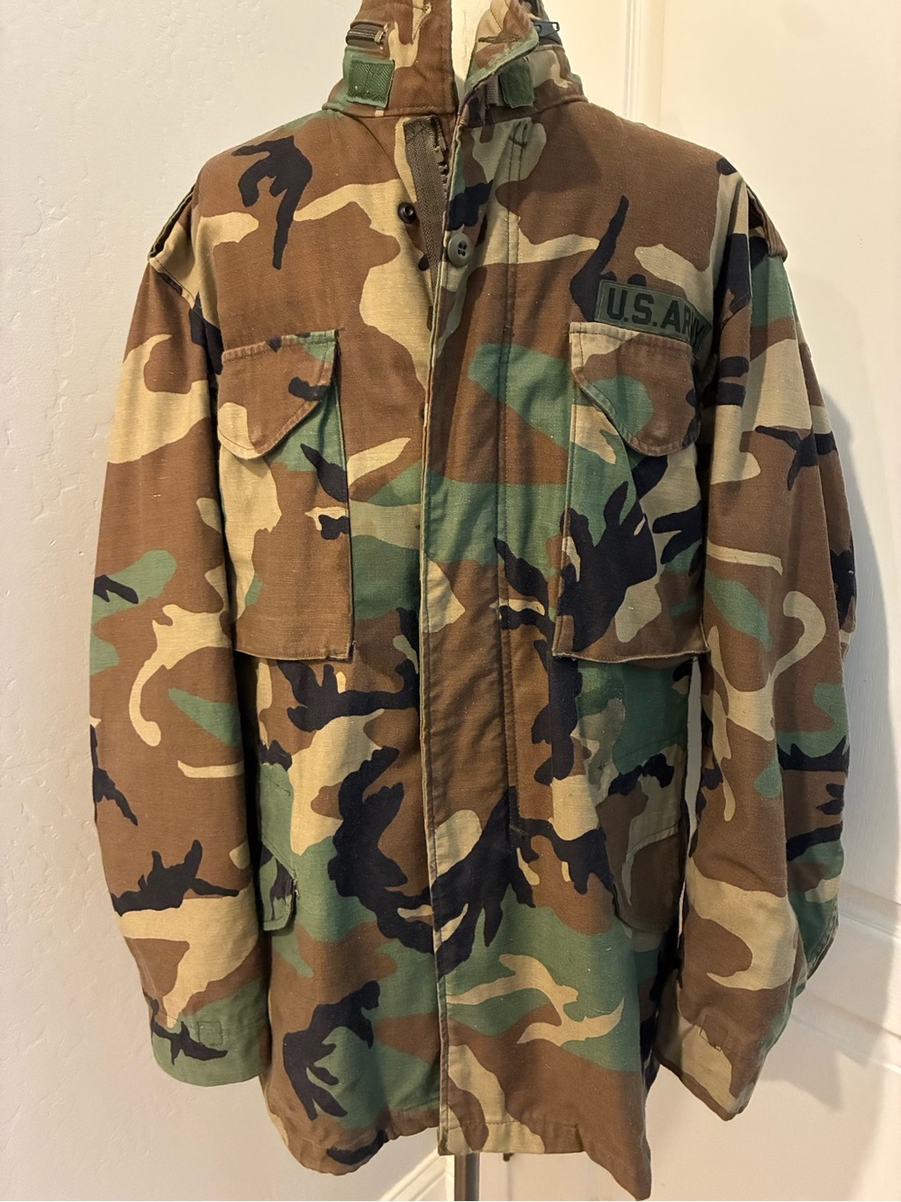 Vintage 1989 US Army M–65 Woodland Camo Field Jacket, Medium Regular
